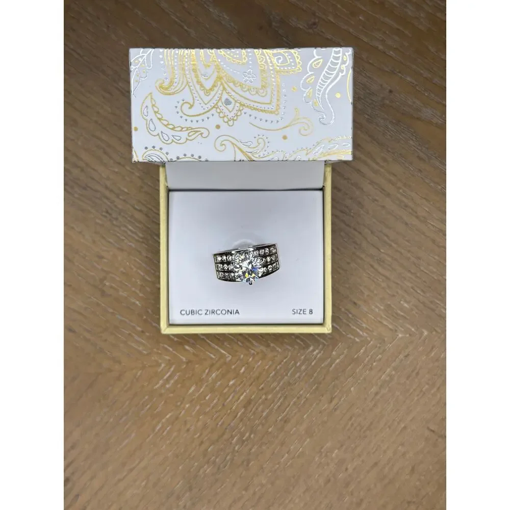 Charter Club Crystal Triple-Row Ring Silver Plate Size 8 | NWT